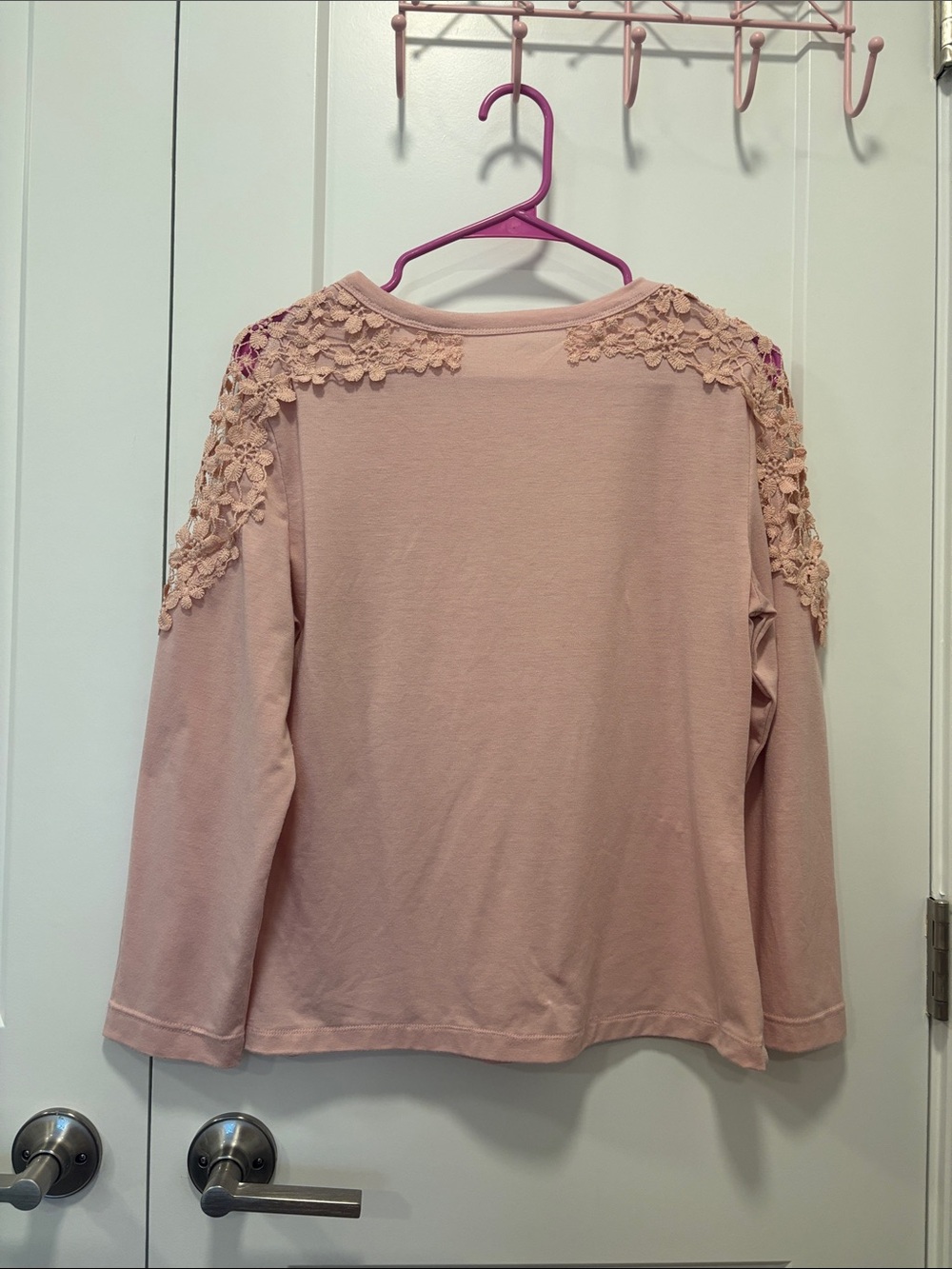 Women's Blush Pink Lace-Shoulder Long Sleeve Top